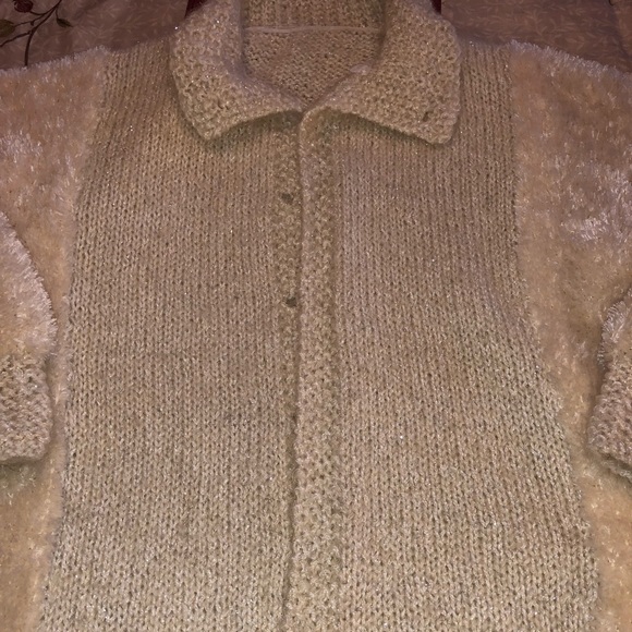 Hand Knit Cardigan Sweater Ivory & Silver Sz 1X - Picture 4 of 8